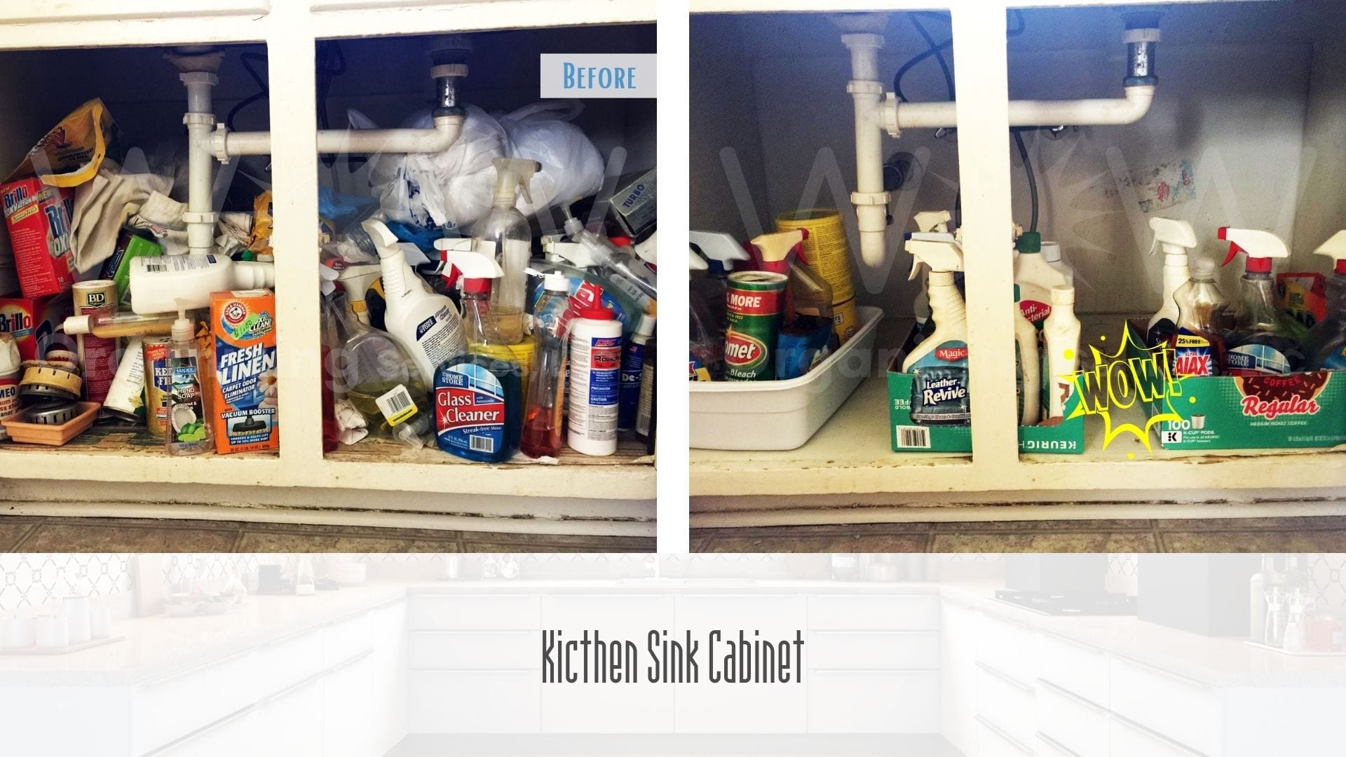 kitchen sink cabinet decluttered and reorganized