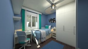 a clean and organized dorm room with blue and green accents.