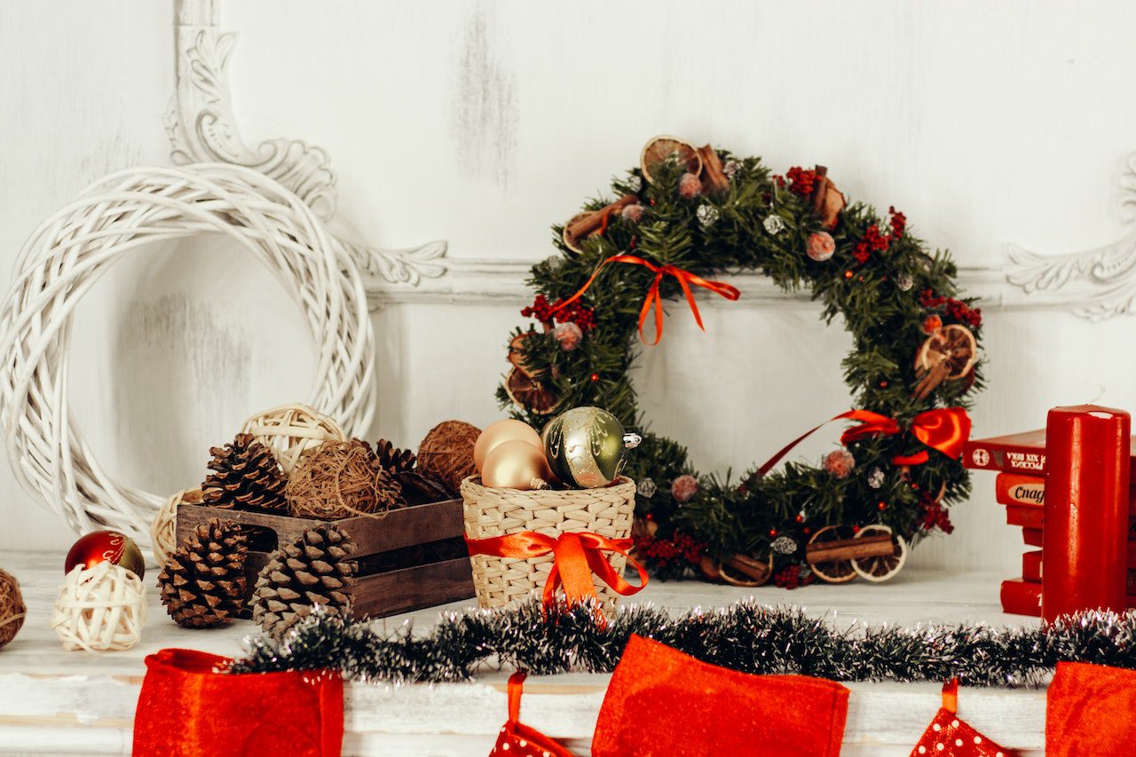 An assortment of Christmas decorations packed and sorted that prove decluttering makes the holidays less stressful.