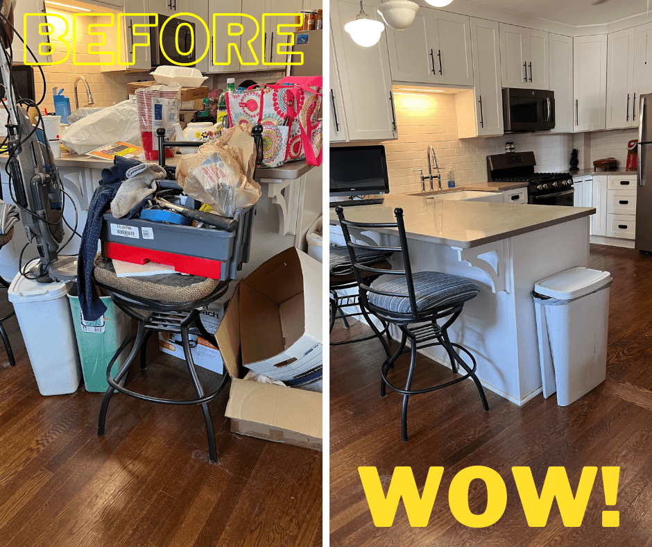 a before and after photo of a cluttered kitchen transformed and organized