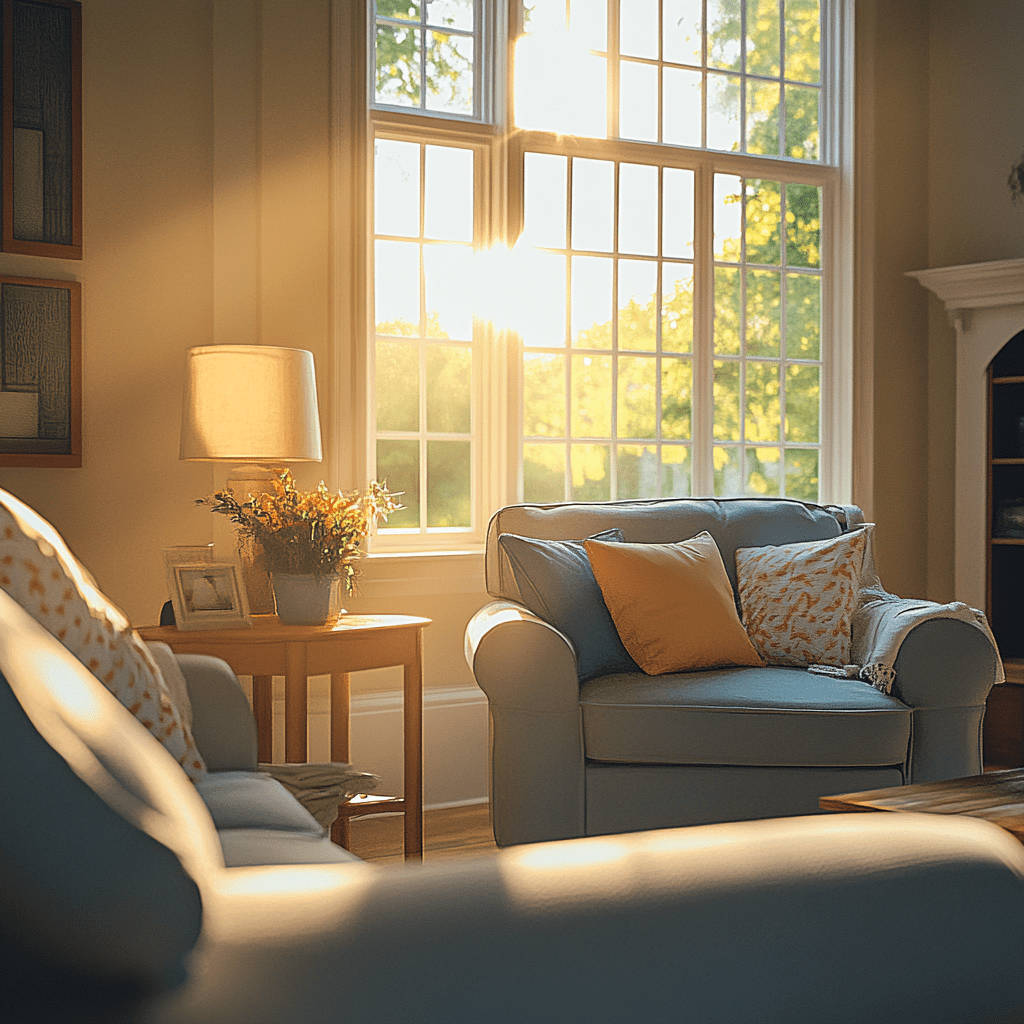 Calm, organized living room in warm afternoon light
