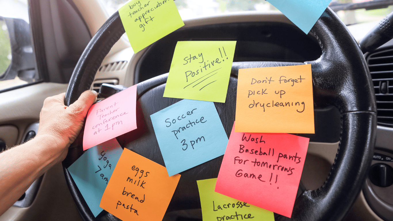 too many things to do in sticky notes on the steering wheel