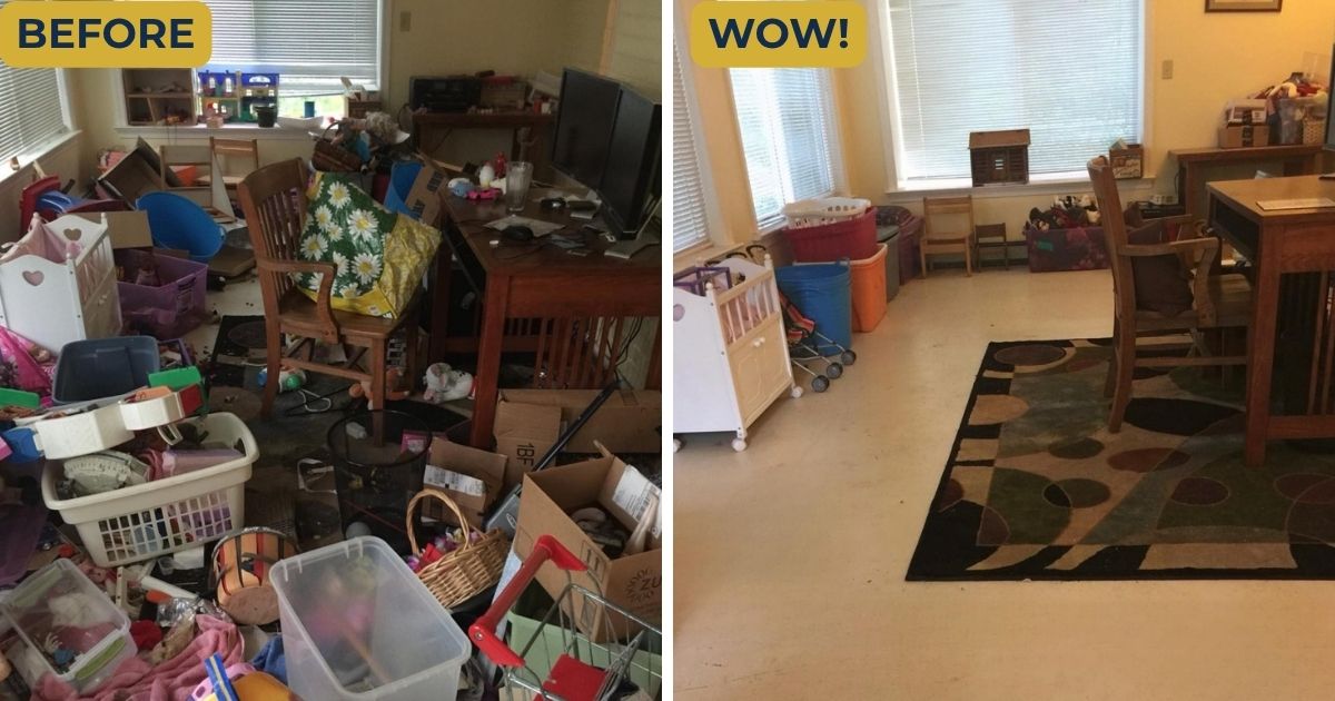 family room Before-and-after view of an organized family room