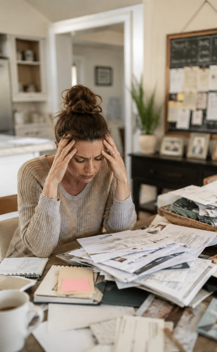 need organizing near me Woman feeling overwhelmed by paperwork and household clutter