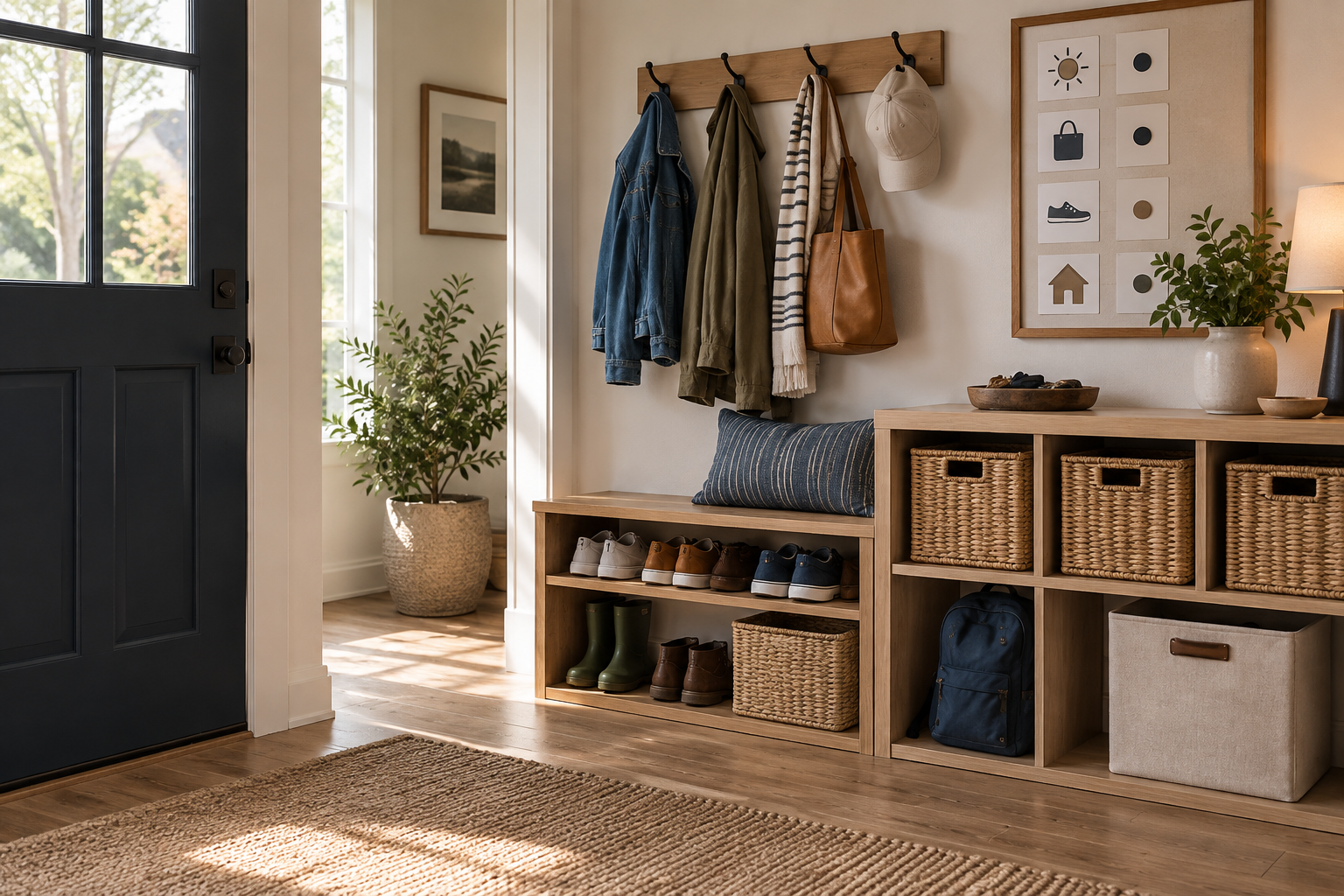 ADHD-friendly home entryway with visible hooks, trays, and open baskets