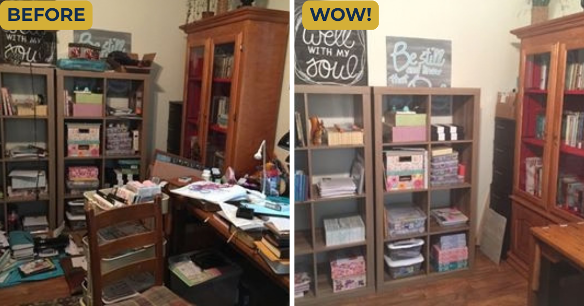 before and after organized craftroom declutter