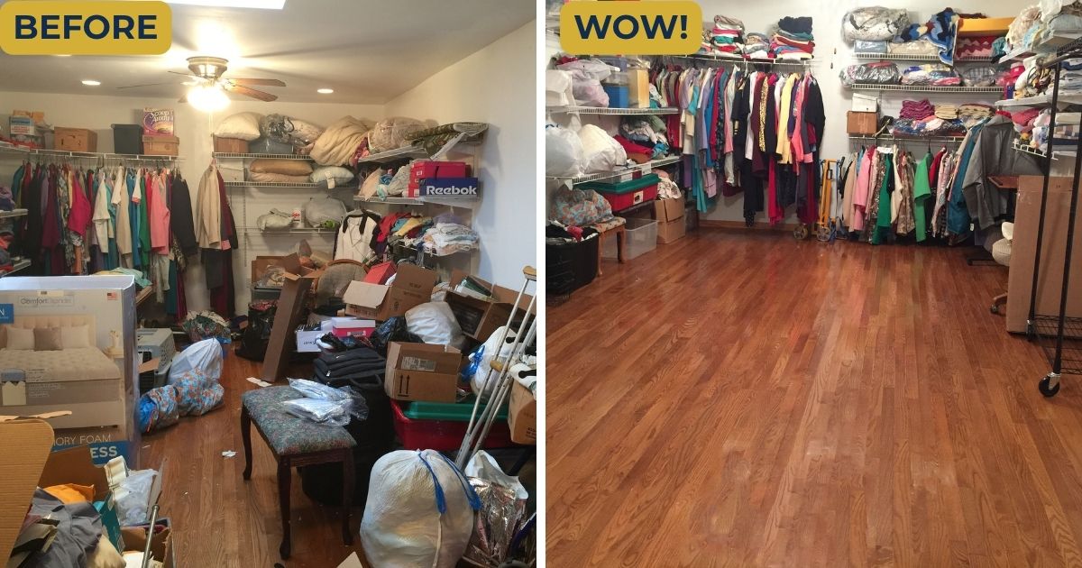 Large walk-in closet before and after sorting and organization