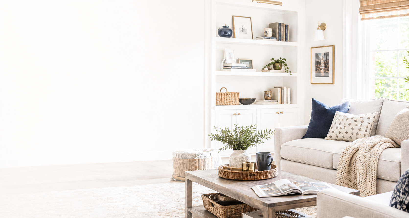 Bright, calmly organized living room