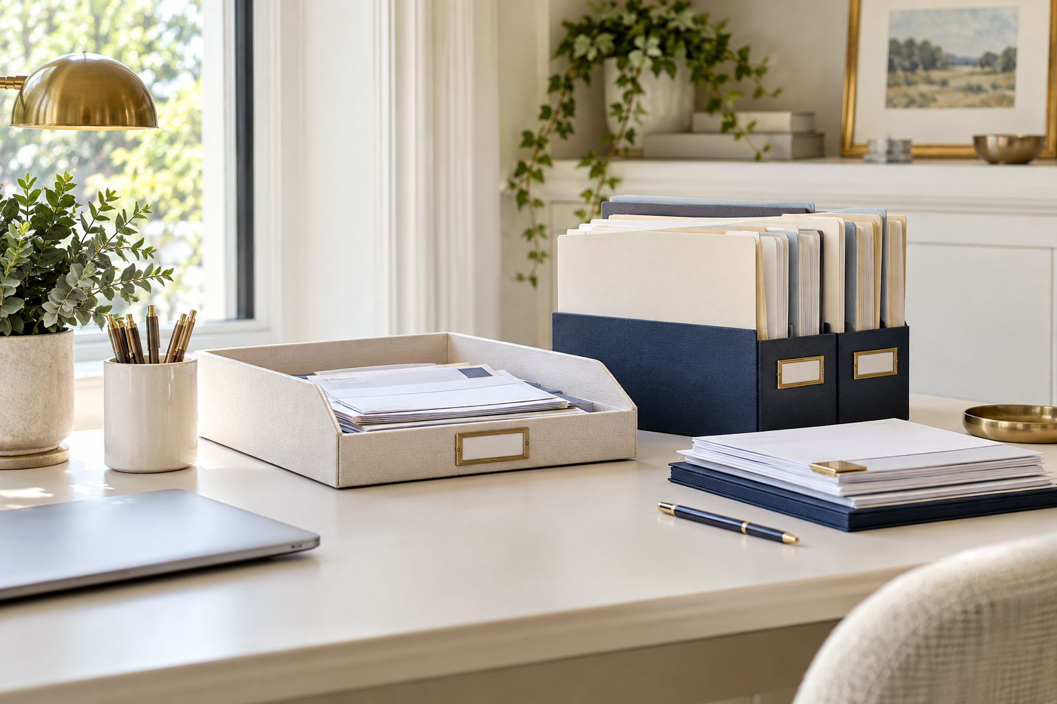 Neatly organized paperwork, file folders, and mail trays in a bright home office