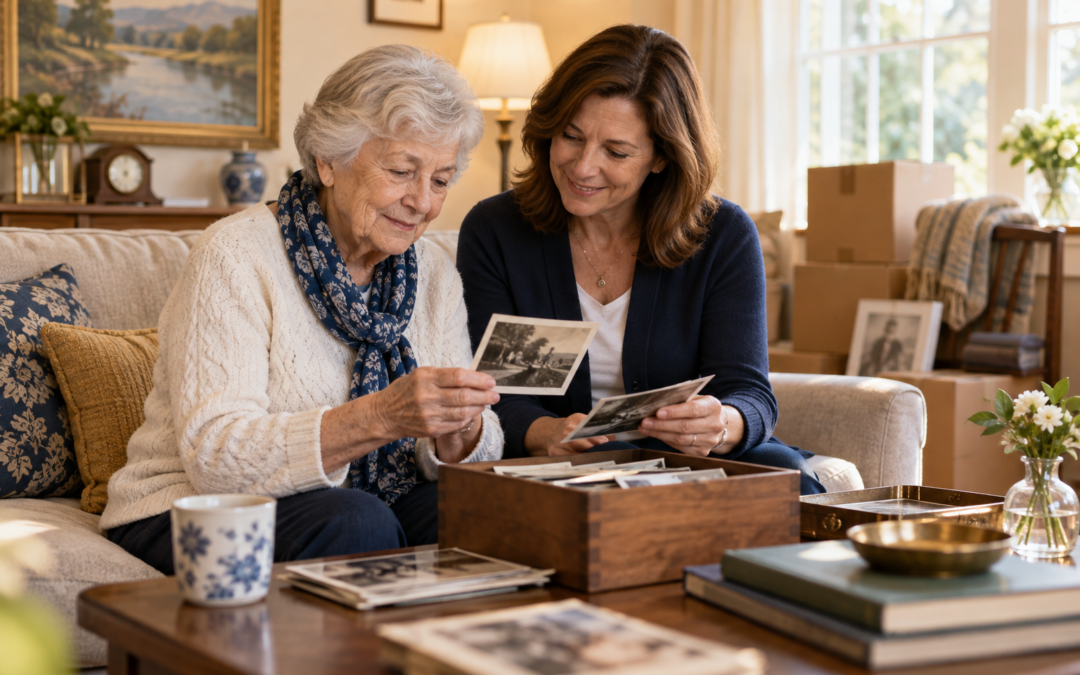 Older woman and adult daughter sorting family photographs during a downsizing move