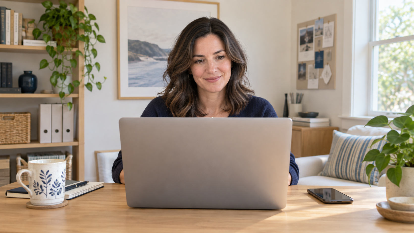 Woman using a laptop, phone, and tablet for a virtual organizing session